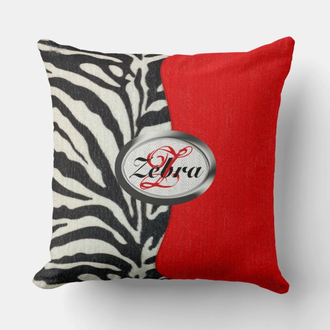 Trendy Zebra Print en Neon Red Monogram Kussen (Voorkant)