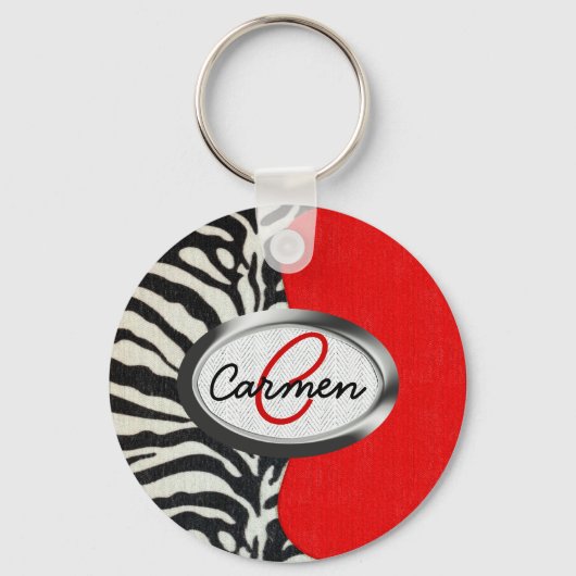 Trendy Zebra Print en Neon Red Monogram Sleutelhanger (Voorkant)