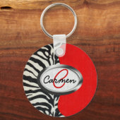 Trendy Zebra Print en Neon Red Monogram Sleutelhanger (Voorkant)