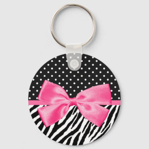 Trendy Zebra Print Polka Dots and Chic Pink Ribbon Sleutelhanger