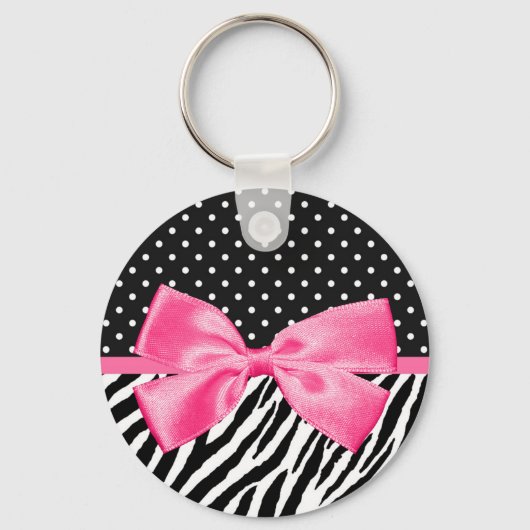 Trendy Zebra Print Polka Dots and Chic Pink Ribbon Sleutelhanger (Voorkant)