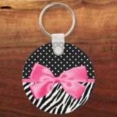 Trendy Zebra Print Polka Dots and Chic Pink Ribbon Sleutelhanger (Voorkant)