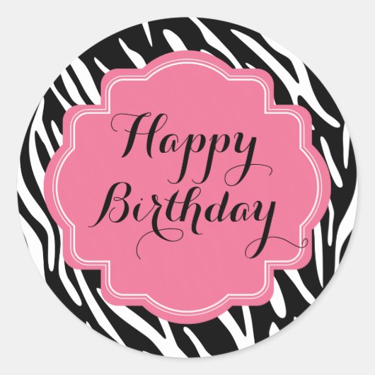 Trendy Zebra Print Roze Happy Birthday Stickers (Voorkant)