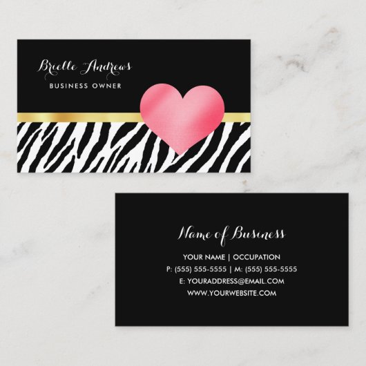 Trendy zebraprint met Schattige heet roze hart Visitekaartje (Voorkant / Achterkant)