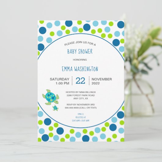 Trendy Zee Schildpad baby shower blauw groen stip Kaart (Staand voorkant)