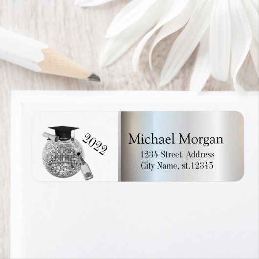 Trendy zilveren afstudeermuts, Disco bal Etiket (Insitu)