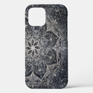 Trendy zilveren bloemachtige mandala blauw marmer iPhone 12 hoesje