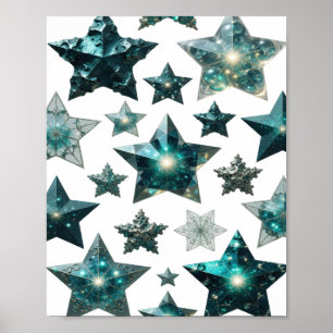 Trendy Zilveren BLUE STARS 3D-tekstkunst Poster