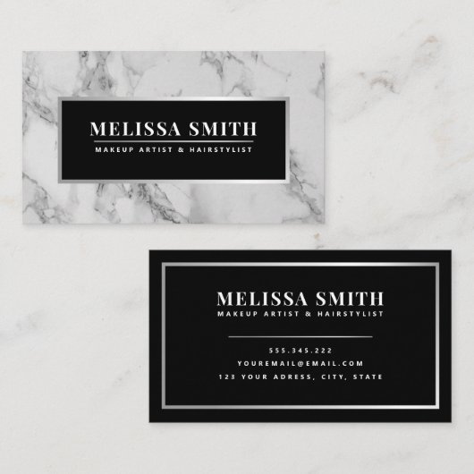 Trendy zilveren en marmeren make-up artist Hair Sa Visitekaartje (Voorkant / Achterkant)