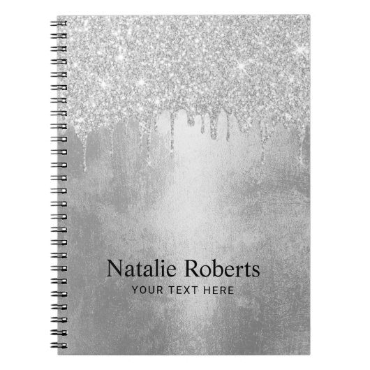 Trendy zilveren glitter druppels aluminium textuur notitieboek (Voorkant)