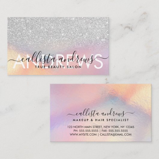 Trendy zilveren holografische ombre make-up kapsal visitekaartje (Voorkant / Achterkant)