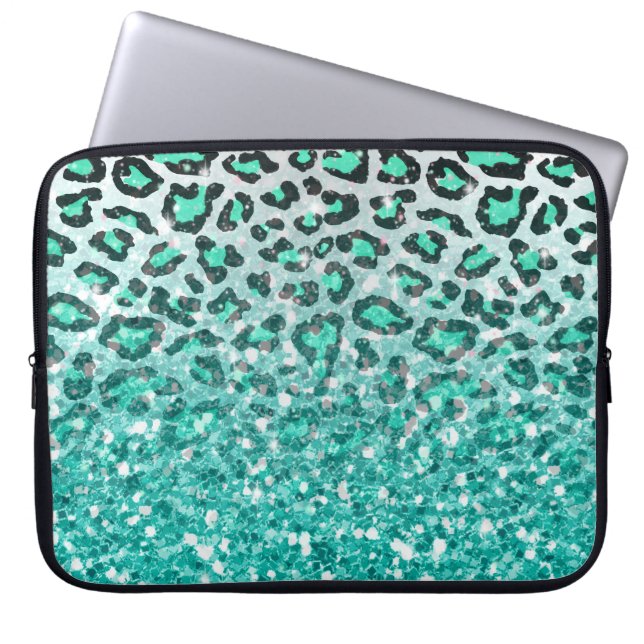 trendy zomeraqua green leopard animal print laptop sleeve (Voorkant)