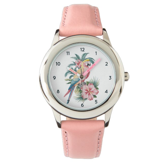 Trendy zomerstrand Parrot en Hibiscus Bloemen Horloge (Voorkant)