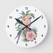 Trendy zomerstrand Parrot en Hibiscus Bloemen Ronde Klok (Voorkant)