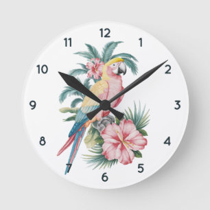 Trendy zomerstrand Parrot en Hibiscus Bloemen Ronde Klok