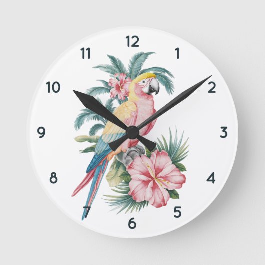 Trendy zomerstrand Parrot en Hibiscus Bloemen Ronde Klok (Voorkant)
