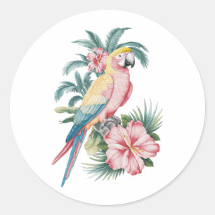 Trendy zomerstrand Parrot en Hibiscus Bloemen Ronde Sticker