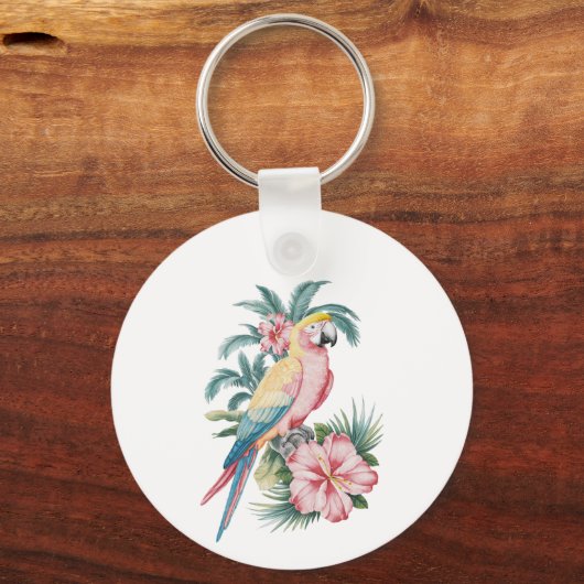 Trendy zomerstrand Parrot en Hibiscus Bloemen Sleutelhanger (Voorkant)