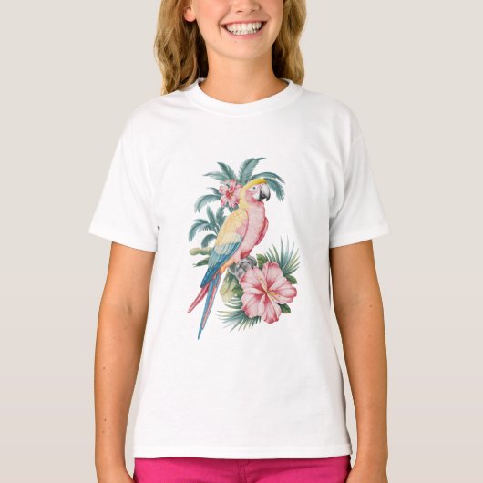 Trendy zomerstrand Parrot en Hibiscus Bloemen T-shirt (Voorkant)