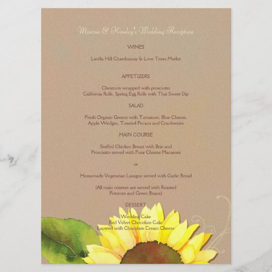 Trendy Zonnebloem Bruiloft Receptie Diner Menu (Voorkant)