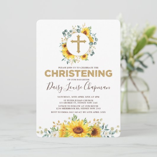 Trendy Zonnebloem Greenery Geel Goud Doop Kaart (Staand voorkant)