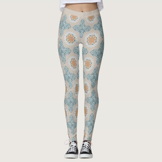 Trendy Zuidwest Blauw Beige Patroon Design Leggings (Voorkant)