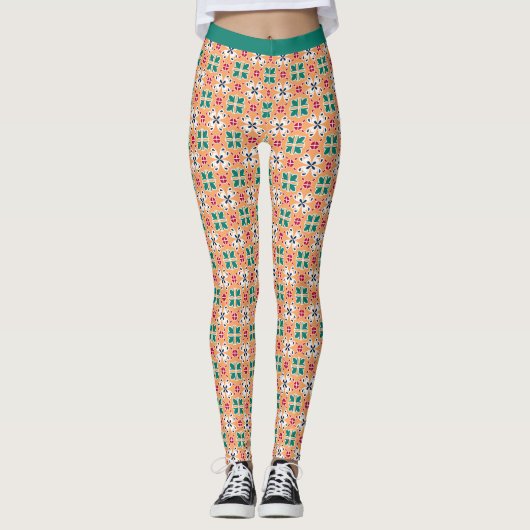 Trendy Zuidwest Patroon Zalm Blauwgroen Leggings (Voorkant)