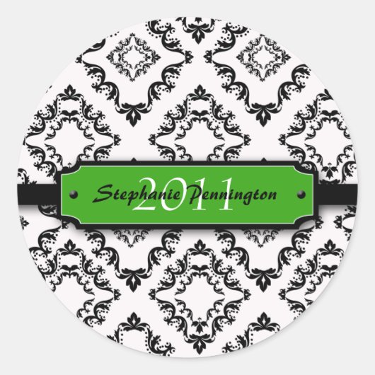 Trendy zwart damask afstuderen personaliseer stick ronde sticker (Voorkant)