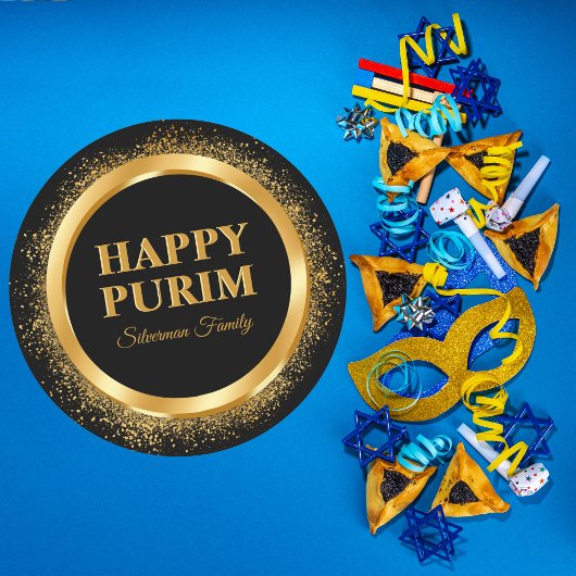 Trendy Zwart en Goud Joodse Vakantie Happy Purim Ronde Sticker