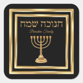 Trendy Zwart en Goud Menorah Hebreeuws Chanoeka Vierkante Sticker (Voorkant)