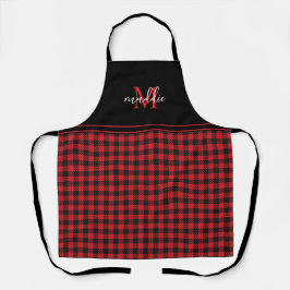 Trendy zwart en rood Buffalo Plaid Monogrammed Schort
