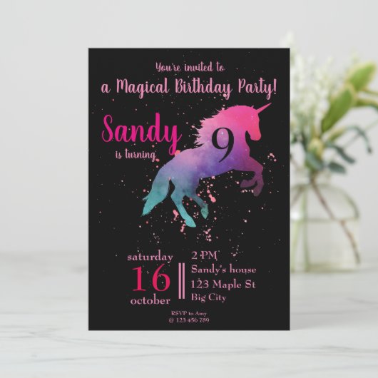 Trendy zwart en roze Magical Unicorn Verjaardag Kaart (Staand voorkant)