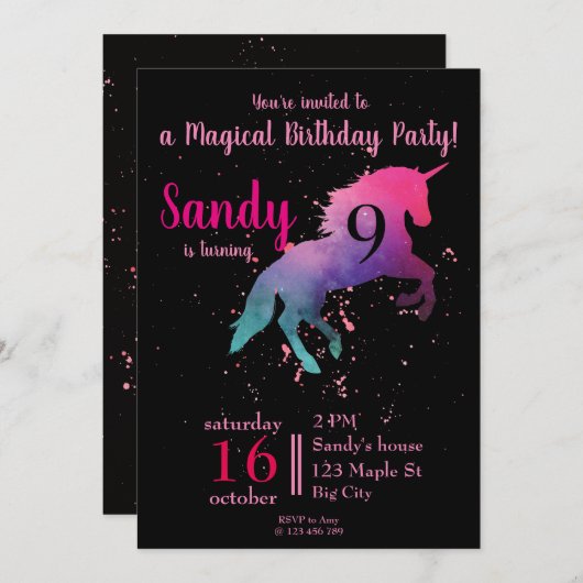 Trendy zwart en roze Magical Unicorn Verjaardag Kaart (Voorkant / Achterkant)