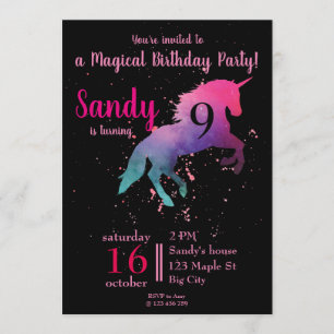 Trendy zwart en roze Magical Unicorn Verjaardag Kaart