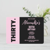 Trendy zwart en roze vet 30e verjaardagsfeestje kaart (Staand voorkant)