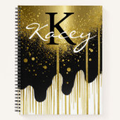 Trendy Zwart Goud Glitter Girly Monogram Naam Notitieboek (Voorkant)
