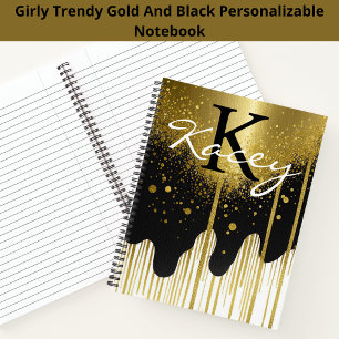 Trendy Zwart Goud Glitter Girly Monogram Naam Notitieboek