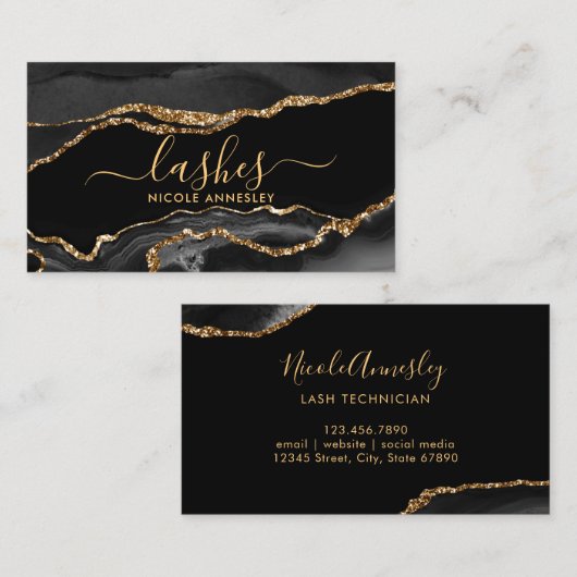 Trendy Zwart Goud Marmer Wimper Beauty Specialist Visitekaartje (Voorkant / Achterkant)
