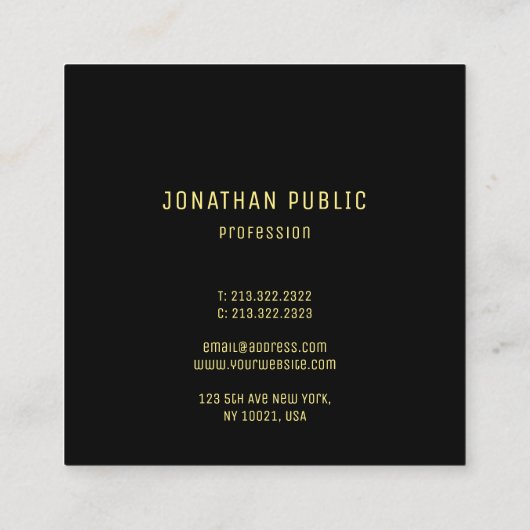 Trendy Zwart Goud Modern Elegant Design Sjabloon Vierkante Visitekaartje (Achterkant)