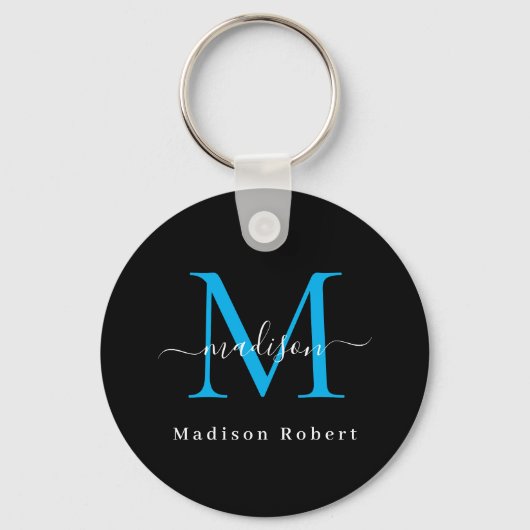 Trendy Zwart Goud Monogram Initiaal Modern Script Sleutelhanger (Voorkant)