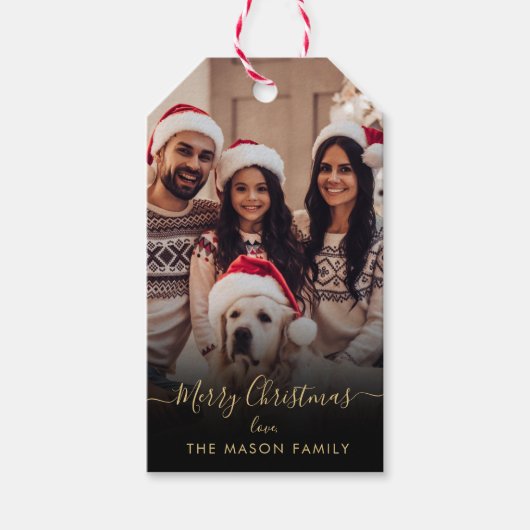 Trendy Zwart Goud Script Familie Foto Kerstmis Cadeaulabel (Voorkant)