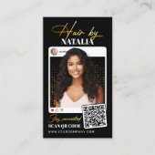 Trendy Zwart Goud Sparkle Foto Haarstylist Visitekaartje (Voorkant)