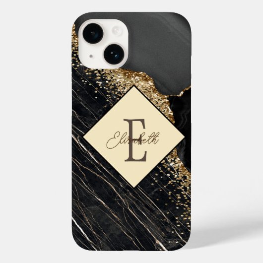 Trendy zwart marmer, gouden lovertjes monogram Case-Mate iPhone case (Achterkant)