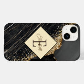 Trendy zwart marmer, gouden lovertjes monogram Case-Mate iPhone case (Achterkant (horizontaal))