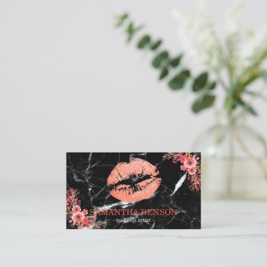 Trendy zwart marmer Roos gouden lippen make-up art Visitekaartje (Staand voorkant)