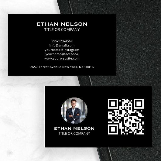 Trendy zwart minimalistisch grafisch contact visitekaartje