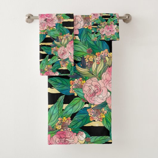 Trendy Zwart Roze Bloemen Gouden Strepen Botanisch Bad Handdoek (Insitu)