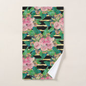 Trendy Zwart Roze Bloemen Gouden Strepen Botanisch Bad Handdoek (Handdoek)