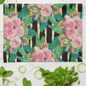 Trendy Zwart Roze Bloemen Gouden Strepen Botanisch Theedoek (Gevouwen)