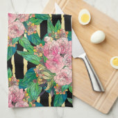 Trendy Zwart Roze Bloemen Gouden Strepen Botanisch Theedoek (Quarter Fold)
